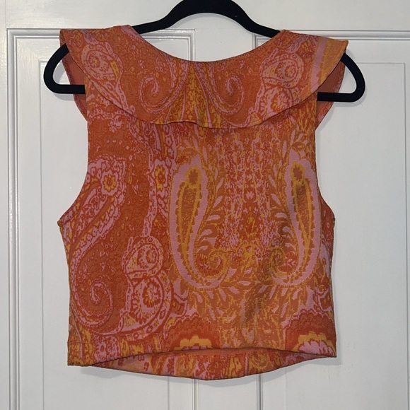 ZARA Rare Orange Pink Paisley Ruffle Crop Blouse Size L NWT Sleeveless Boho Top - Picture 7 of 8